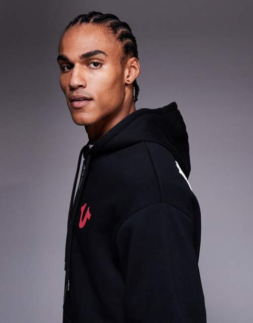True Religion zip-through logo hoodie with black print in black, 4 of 5