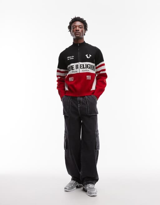 True Religion zip-through racing raglan knitted jacket with contrast panels in multi, 2 of 5