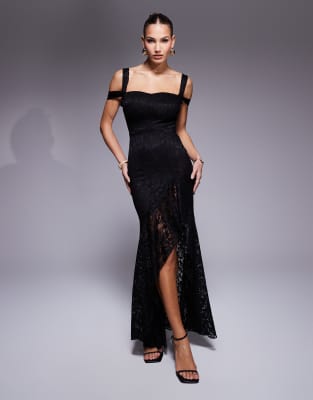 asymmetric lace ruffle gown in black