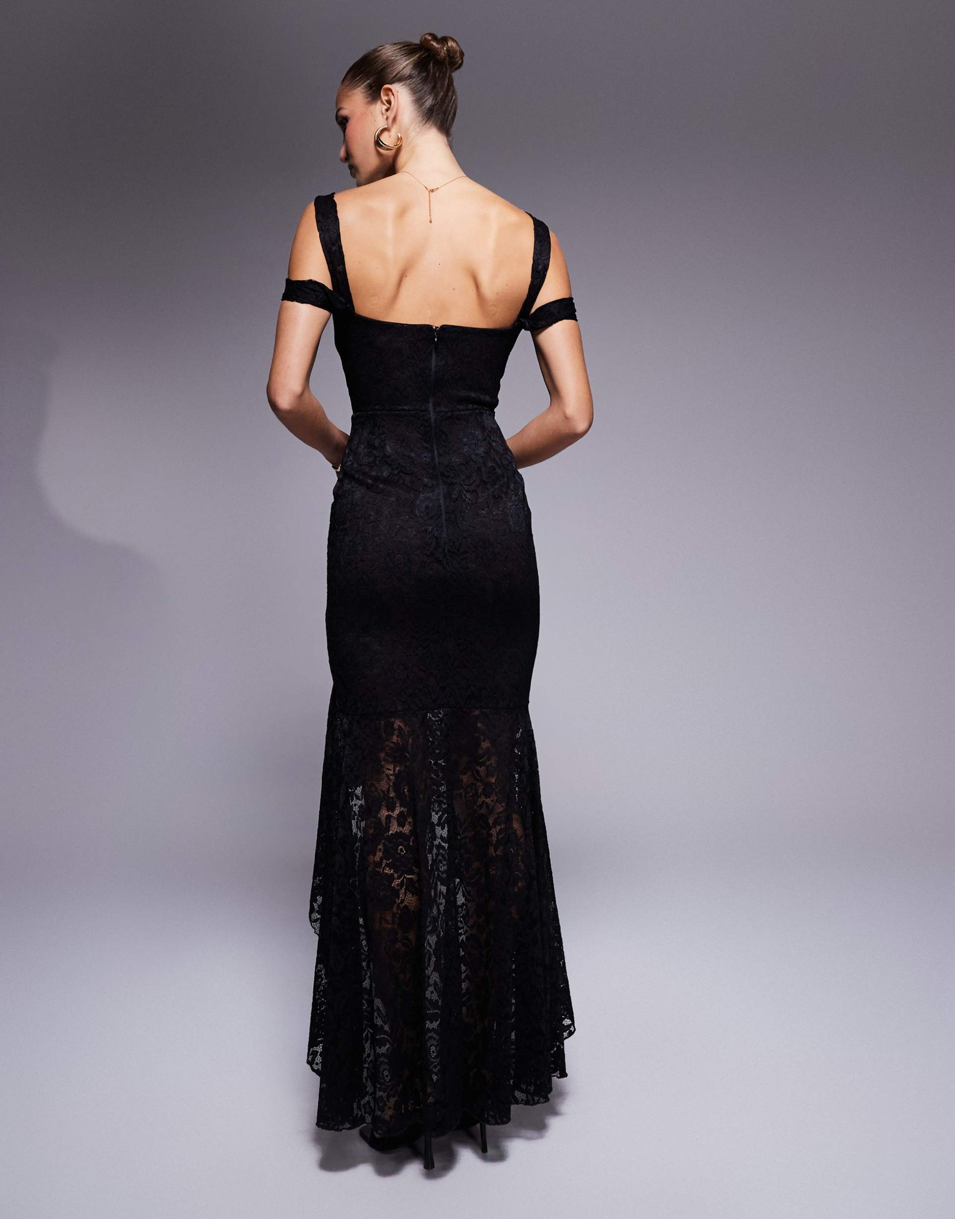 true violet asymmetric lace ruffle gown in black