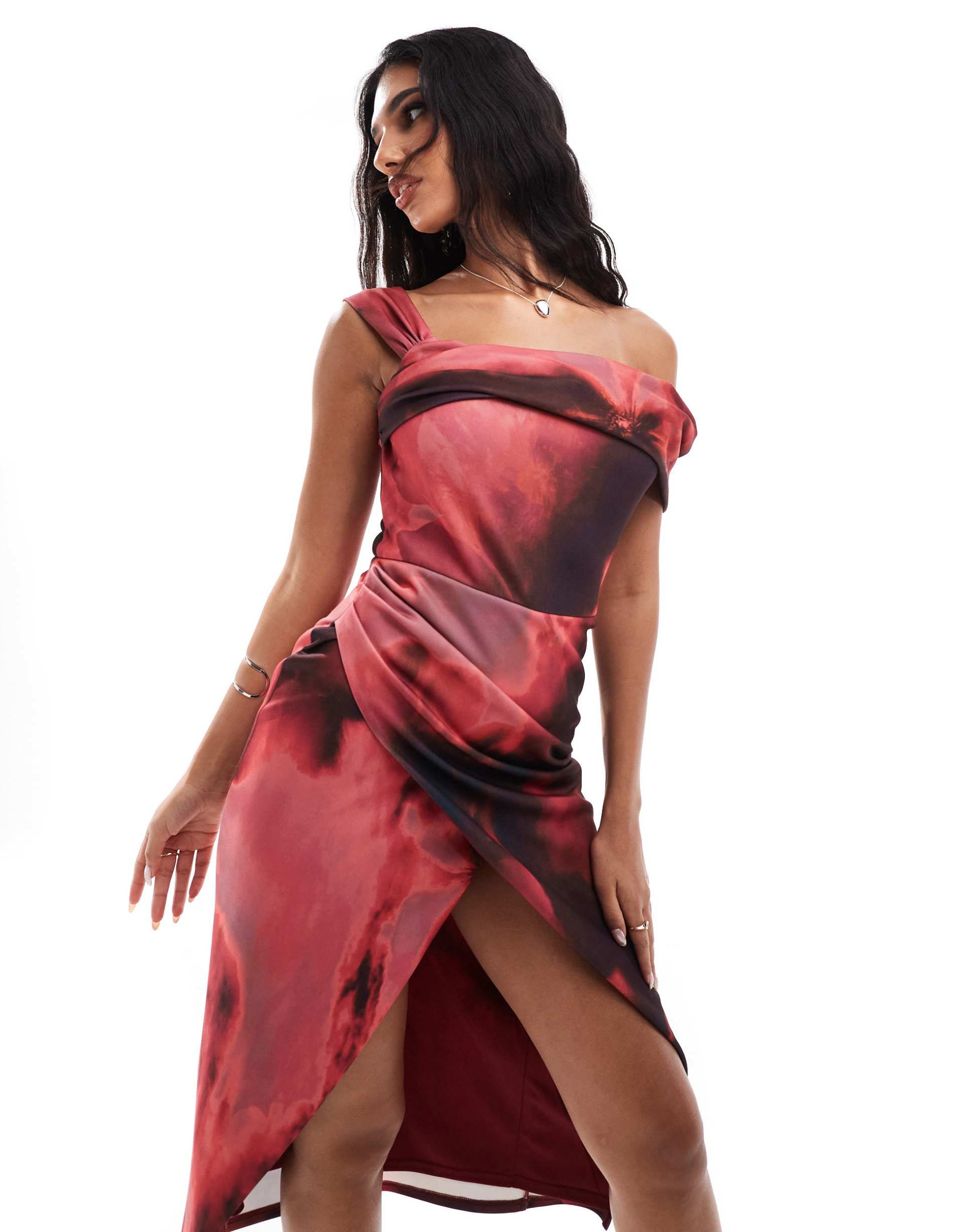 true violet asymmetric off the shoulder midi wrap dress in wine blur print