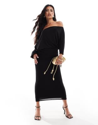 asymmetric shoulder slinky midi dress in black