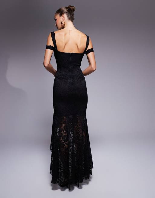 True Violet – Asymmetrisches Abendkleid aus Spitze in Schwarz mit Rüschen, 3 von 4