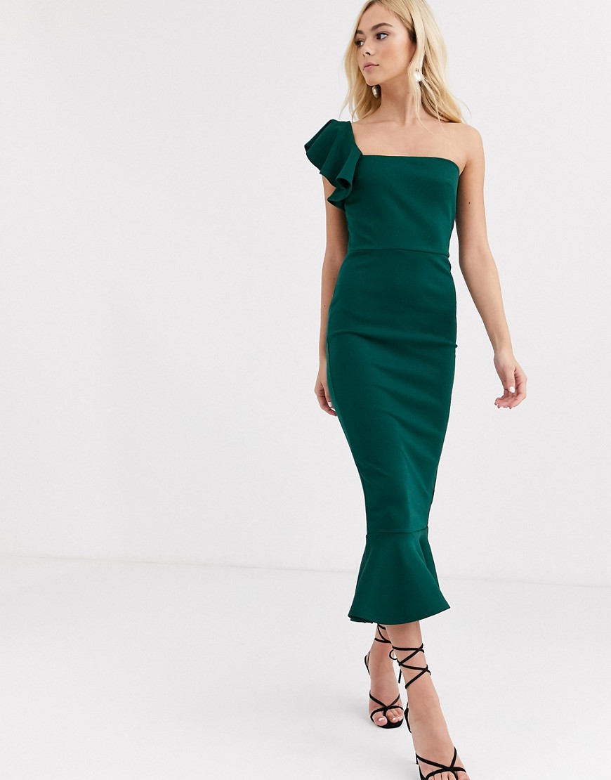 True Violet – Asymmetrisk peplum-klänning i midilängd med volang på axel-Grön