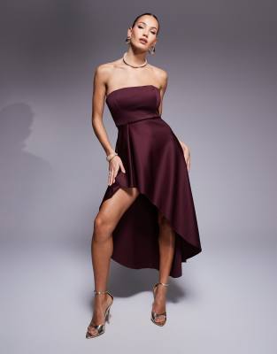 true violet bandeau asymmetric midaxi dress in burgundy