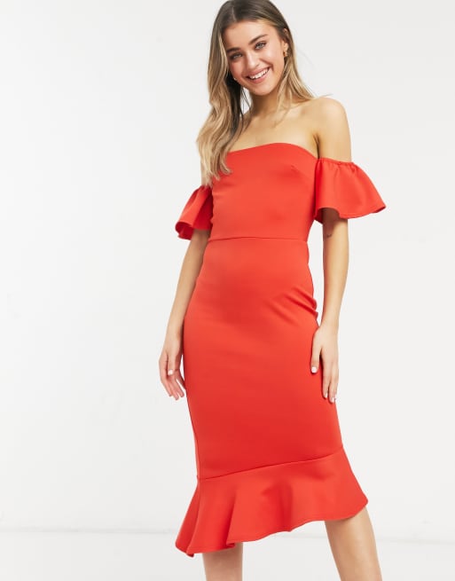 Asos design bandeau midi cheap dress with ruffle pep hem