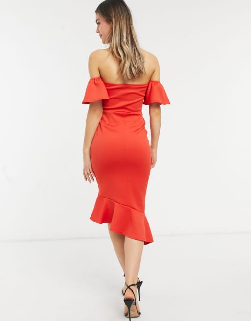 True Violet bandeau midi dress with peplum hem in red