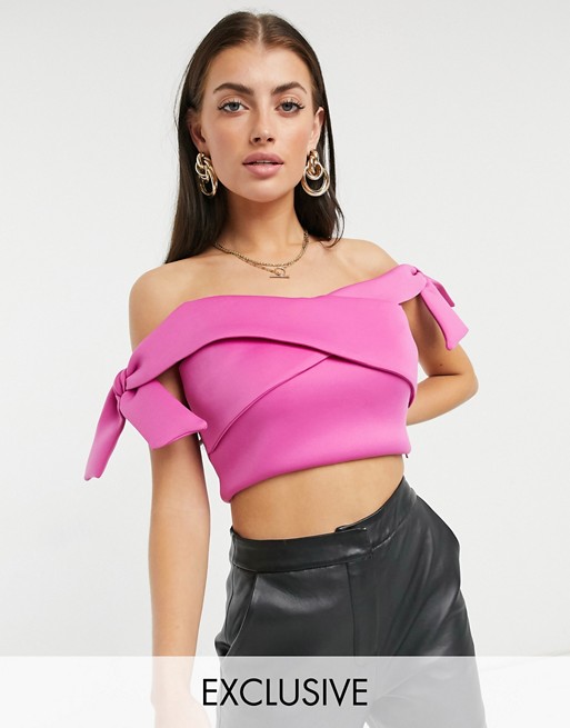 True Violet bardot cross front crop top co ord with bow sleeves in hot pink