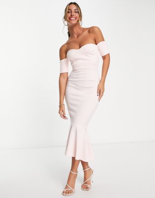 True Violet bardot fishtail midi dress in blush pink