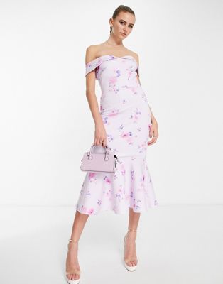 True Violet bardot fishtail midi dress in lilac and pink floral