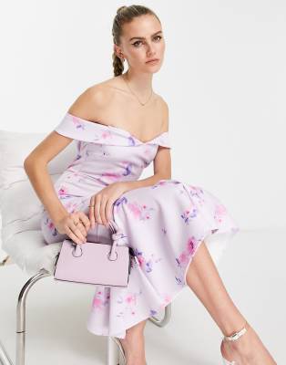 bardot floral print midi dress in lilac