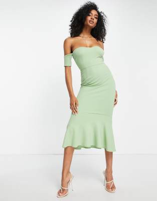 bardot fishtail midi dress in sage green