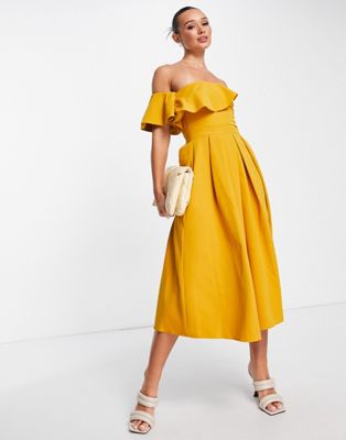 True Violet bardot frill midi dress in ochre yellow