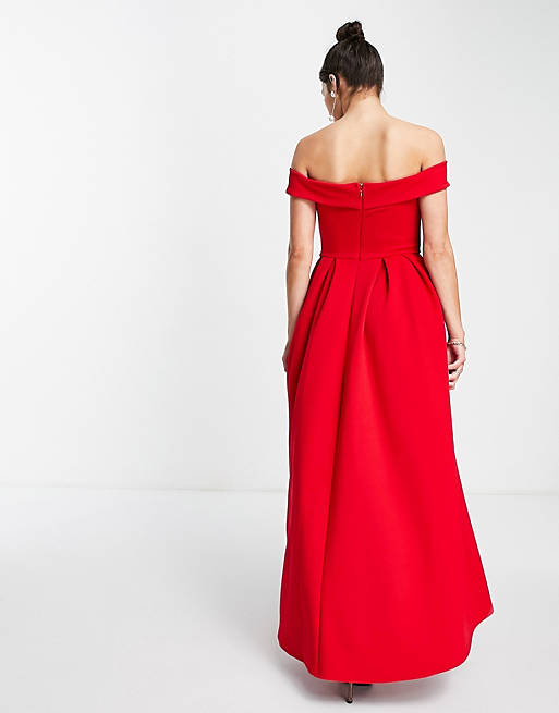  True Violet bardot high low maxi dress in red 