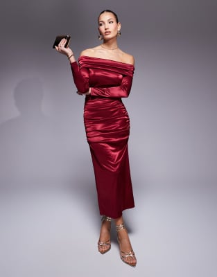 bardot long sleeve ruched satin midi dress in wine-Red