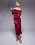 [True Violet] True Violet bardot long sleeve ruched satin midi dress in wine-Red 16 Wine