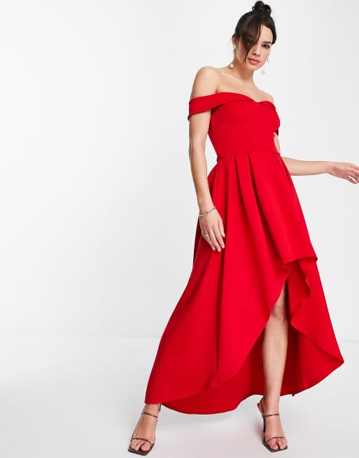 True Violet – Bardot-Maxikleid in Rot mit nach hinten abfallendem Saum, 4 von 4
