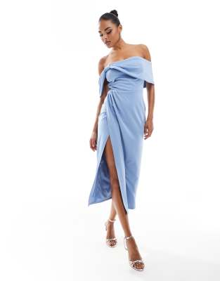 bardot midi dress in dusky blue