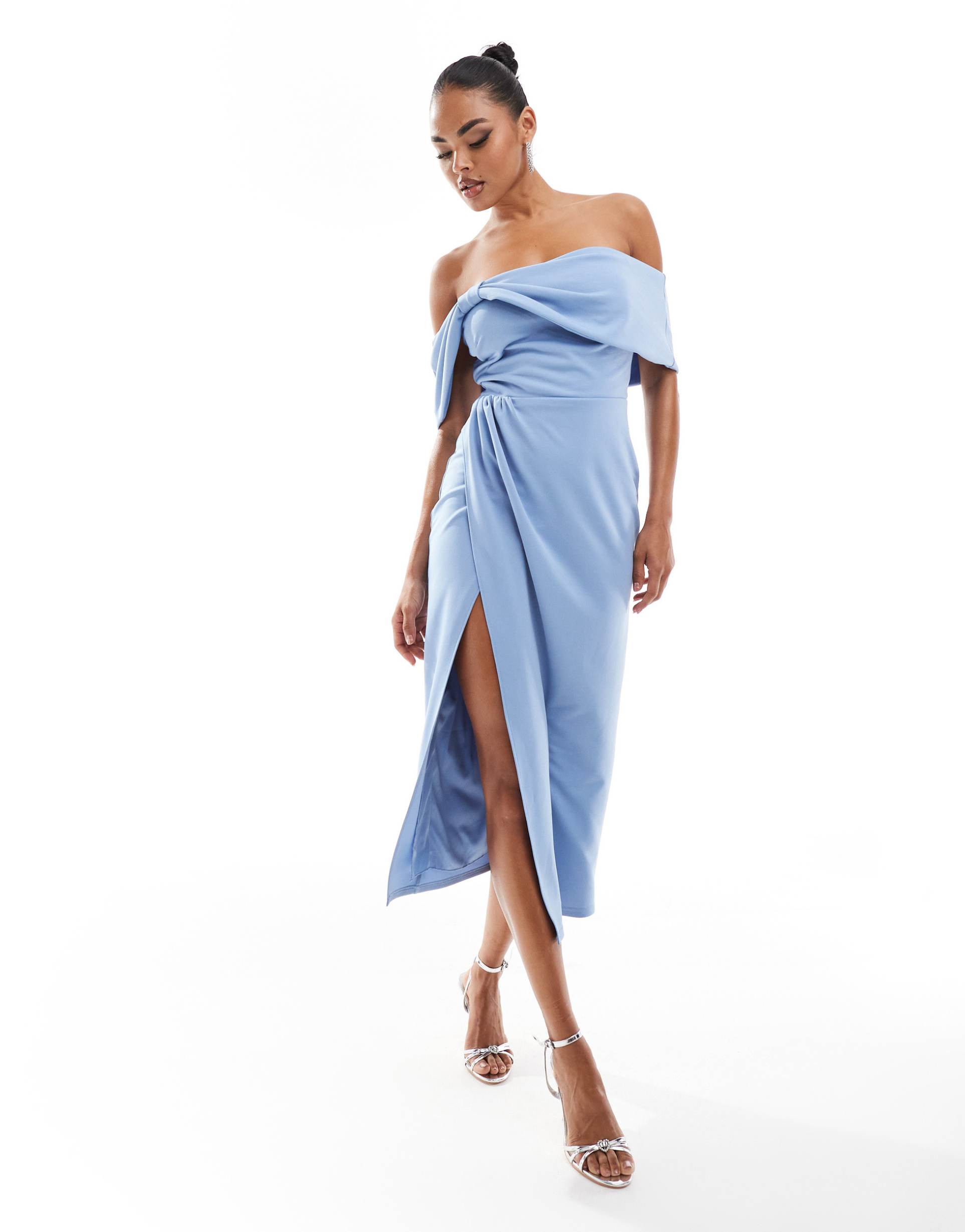 true violet bardot midi dress in dusky blue