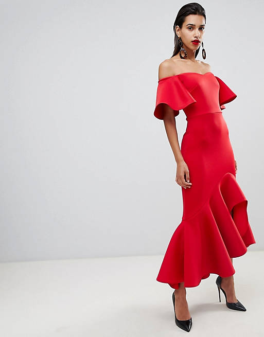 True Violet bardot midi dress with dramatic frill detail in red