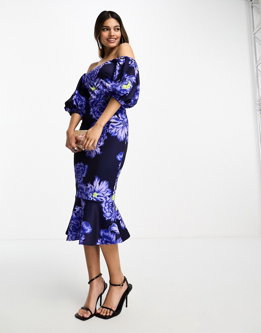 True Violet bardot midi dress with pephem in bright blue floral print