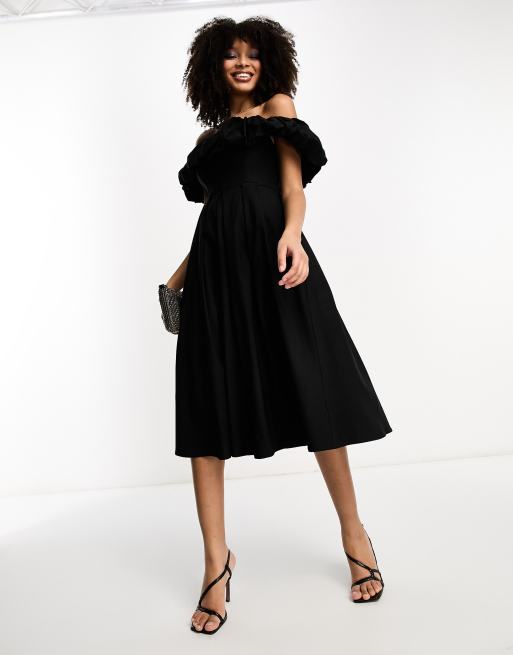 True Violet bardot midi prom dress with ruffle detail in black | ASOS