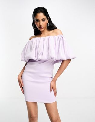 True Violet bardot mini dress with ruffle detail in lavender