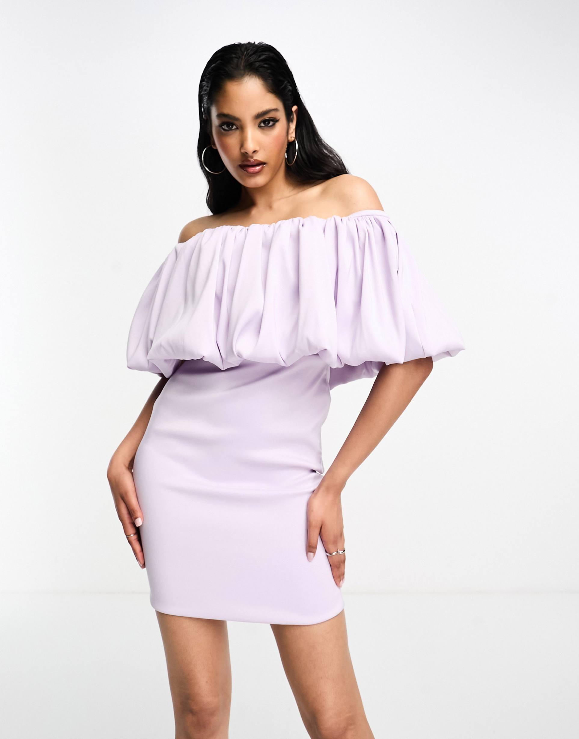 true violet bardot mini dress with ruffle detail in lavender