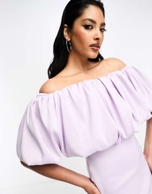 True Violet bardot mini dress with ruffle detail in lavender | ASOS