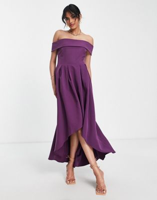 True Violet bardot wrap high low dress in purple