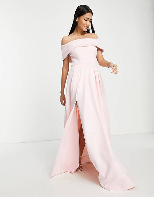 True Violet Black Label Bardot Split Maxi Prom Dress With Pockets In Blush  Pink | Asos