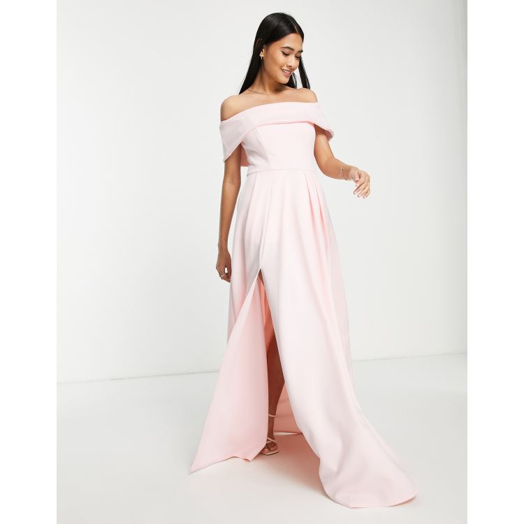 True Violet Black Label bardot split maxi prom dress with pockets in blush pink