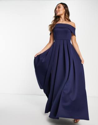 Black Label bardot split maxi prom dress with pockets in navy