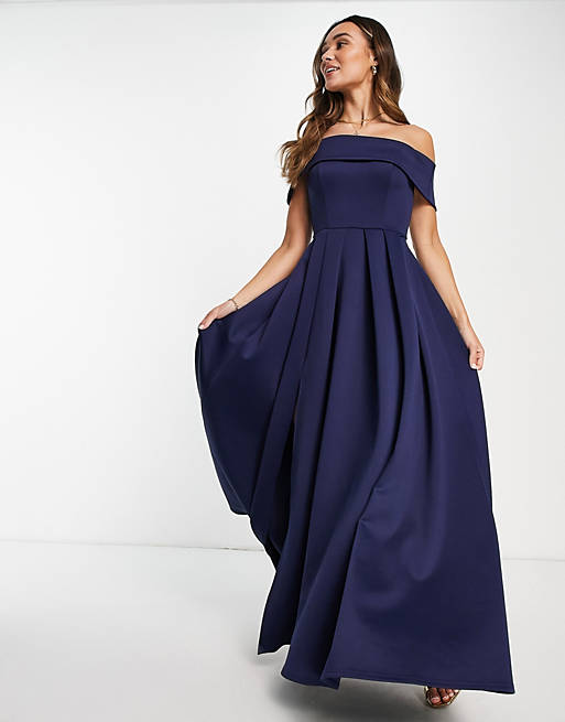 True Violet Black Label bardot split maxi prom dress with pockets in navy