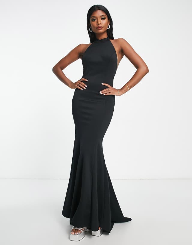 True Violet Black Label high neck fishtail maxi dress in black