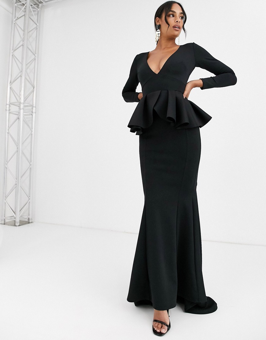 True Violet Black Label long sleeve plunge maxi dress with peplum in black