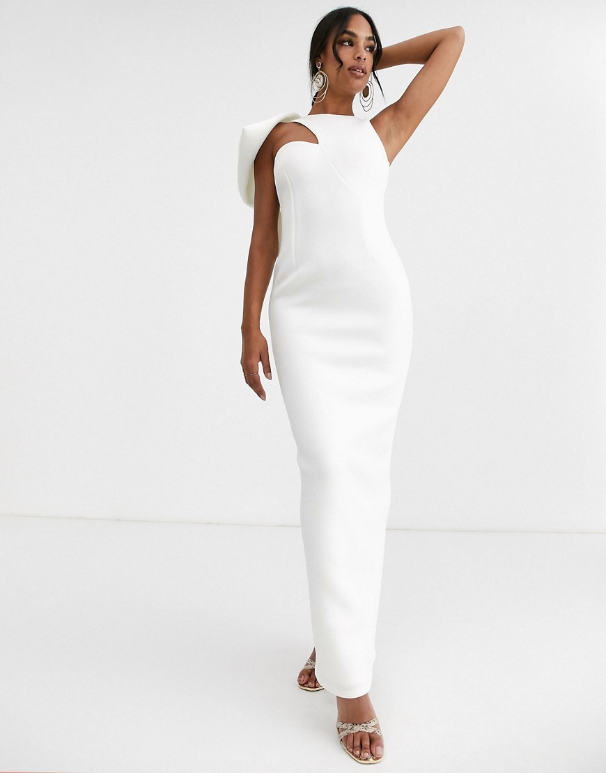 True Violet Black Label maxi dress with frill shoulder in ivory-White