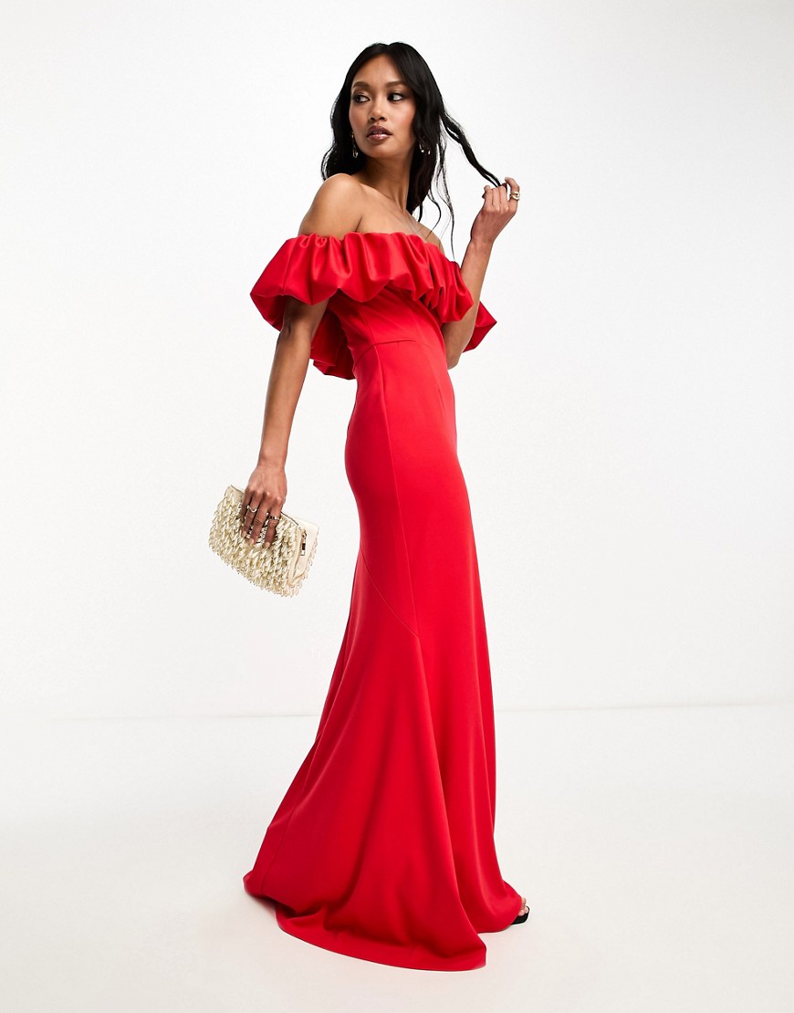 True Violet Black Label off shoulder fishtail maxi dress in red