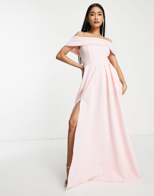 True Violet - Black Label - Robe de bal de promo longue fendue avec encolure Bardot et poches - Pêche, 3 de 4
