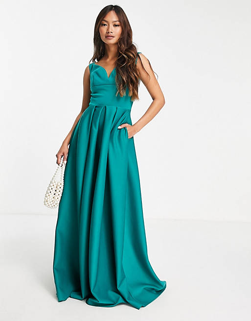True Violet Black Label sweetheart prom maxi dress with pockets in emerald green