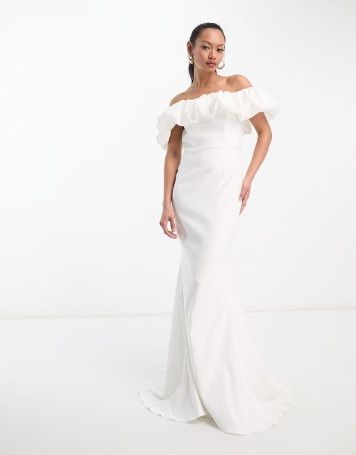 True Violet Bridal bardot fishtail maxi dress in ivory | ASOS