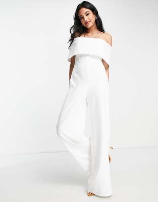 True Violet Bridal bardot wide leg jumpsuit in ivory