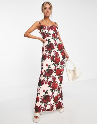 True Violet cami maxi dress in floral rose print-Pink