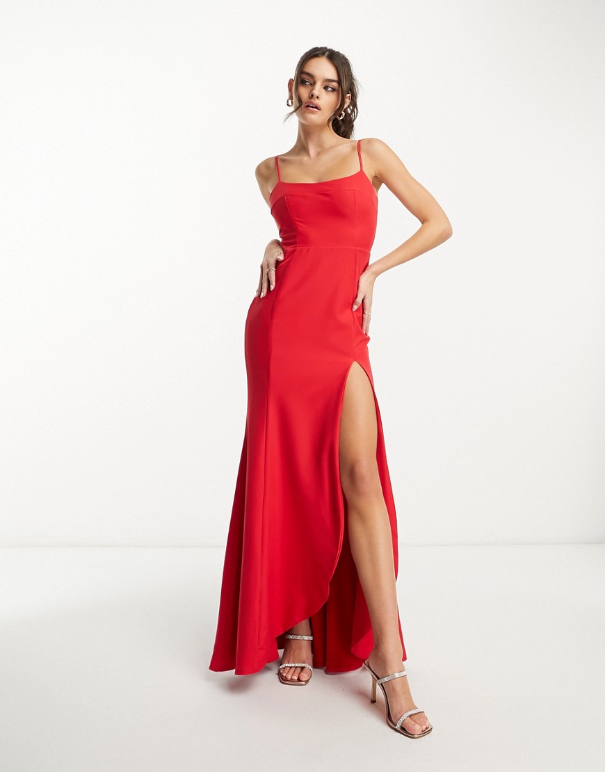 cami maxi dress with split in red