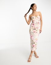 ASOS DESIGN bardot satin corset wrap midi dress in rose print | ASOS