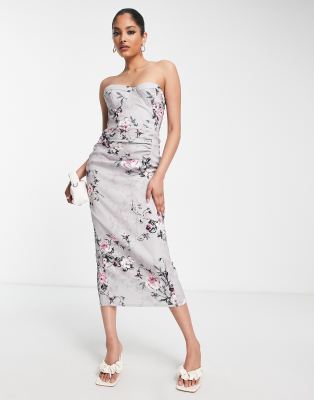 True Violet corset bandeau midi dress in silver and pink floral print-Neutral