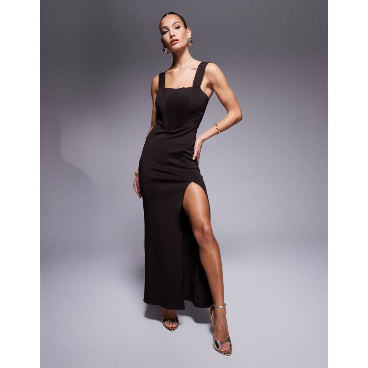 True Violet corset maxi gown with thigh split in chocolate