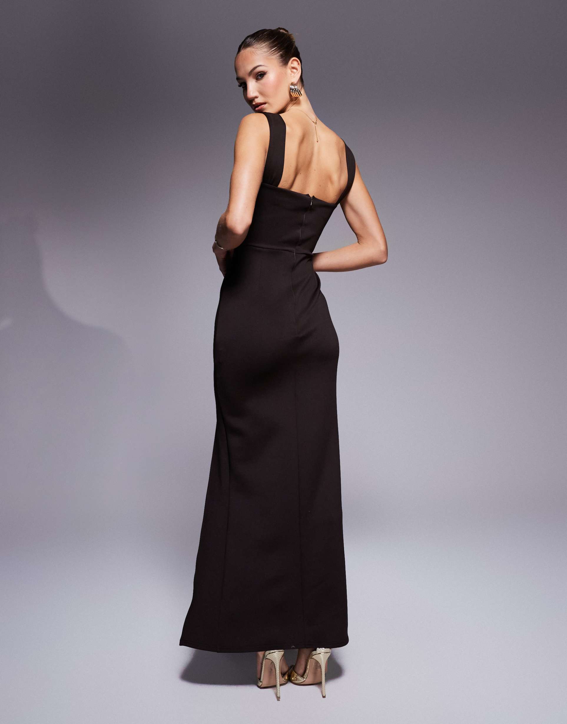 true violet corset maxi gown with thigh split in chocolate