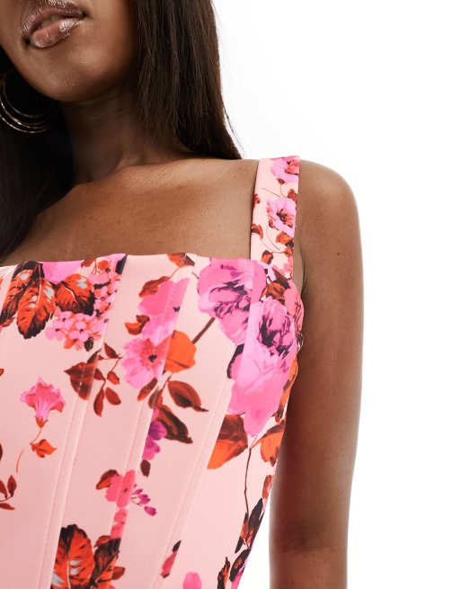 sachin and babi light blue dress Clothing: Midi Dresses: 'Amara' Pink Rose Print Stretch Cotton Corset Midi  Dress main image 0