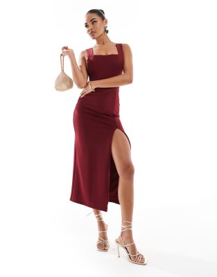 corset midi dress with thigh split in burgundy-Red